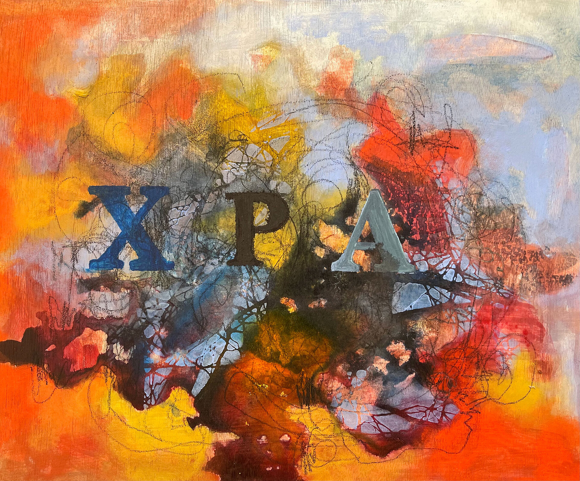 Viviana Svidler ink and acrylic wood panel art work titled XPA, with those letters prominent in a highly textured, bright colored piece.