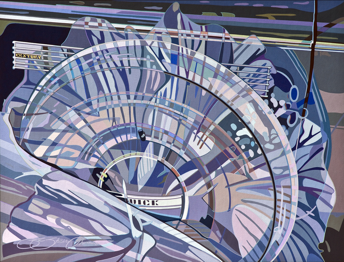 Sue Steele Thomas uses gouache and ink to create a jusxtaposition of an automobile interior and a delicate flower in this illustration with curves, reflections and, flowing lines.