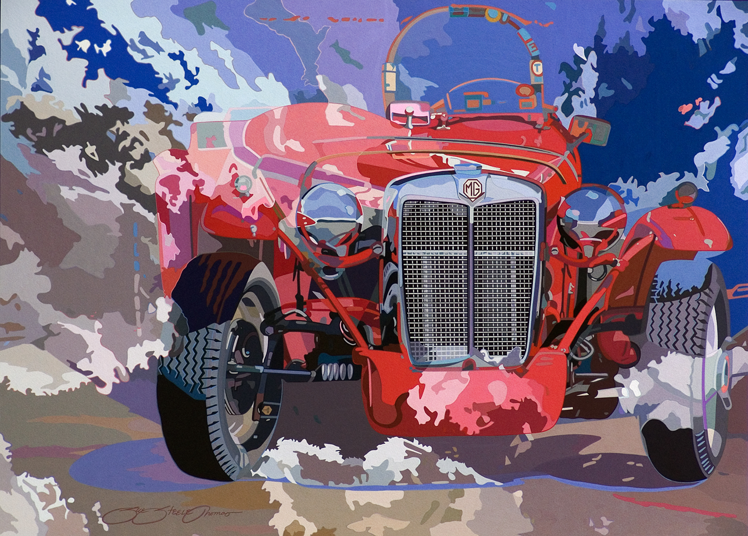 Sue Steele Thomas gouache and ink “Turning Through the Clouds” is an illustration of a front view race car from the front with an abstract translucent cloud overlay.