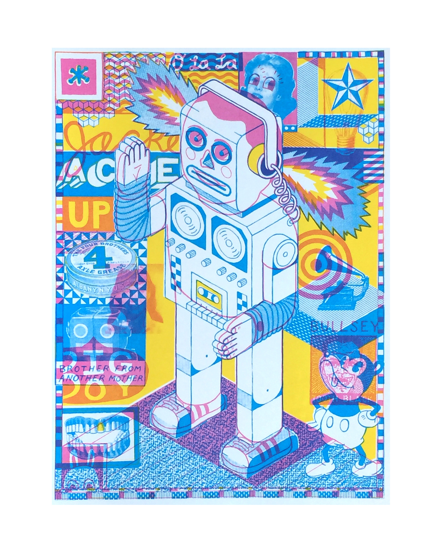 Chadwick Tolley sceenprint, titled Robot Boy, is a collection of images, sketches and textures, the central figure a robot.