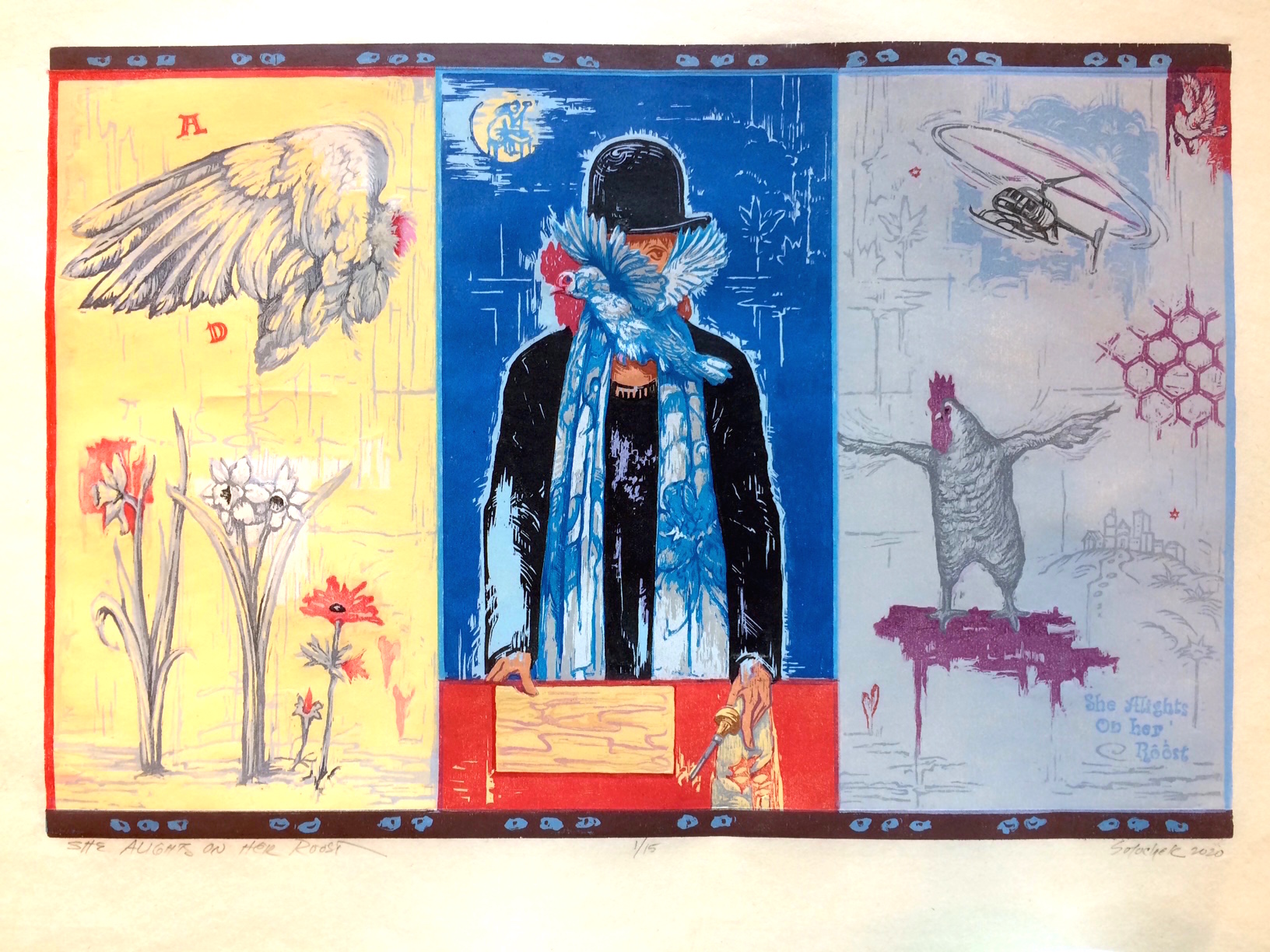 Sylvia Solocheck Walters reductive woodcut and stencils work is an exploration and transformation of a portrait by Rene Magritte. See the detailed description in the artist’s statement.
