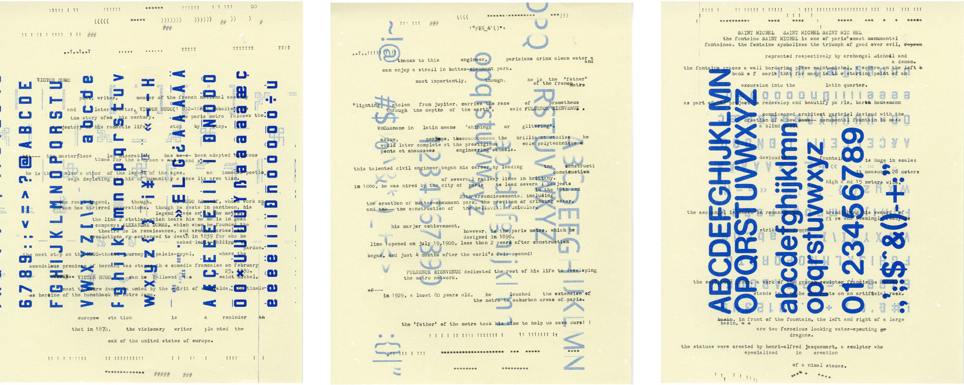 Tina Wang used risograph and typewriter media to create signs and history of the Paris Metro Subway in these three images.