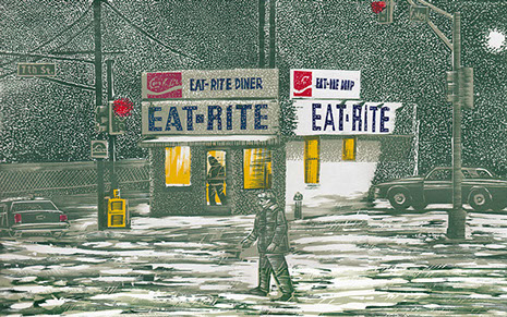 Ink Drawing of a Diner that contains Typography by Anthony Lazorko from Ink and Clay 39 Exhibit